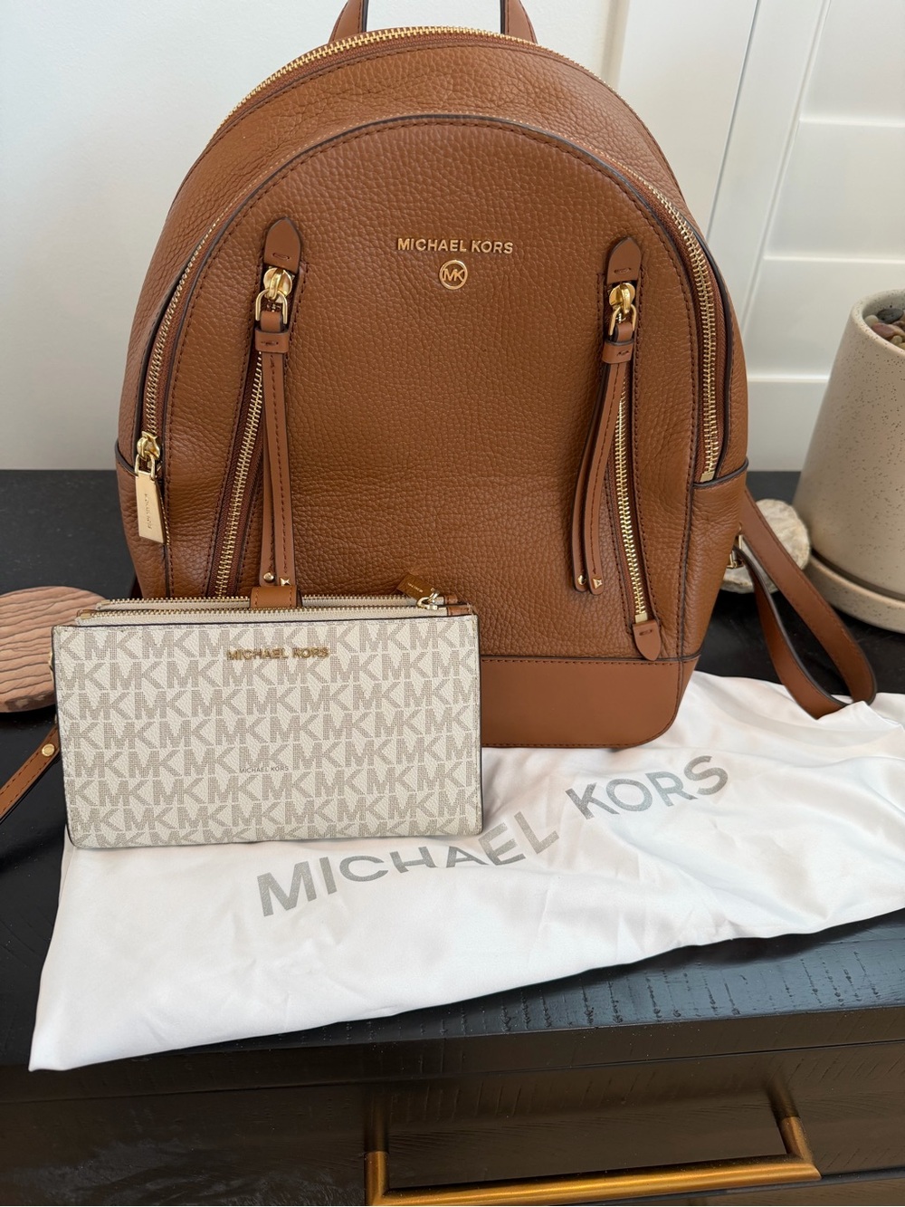 Michael Kors Tan/Brown Pebbled Leather Backpack with MK Logo Wristlet